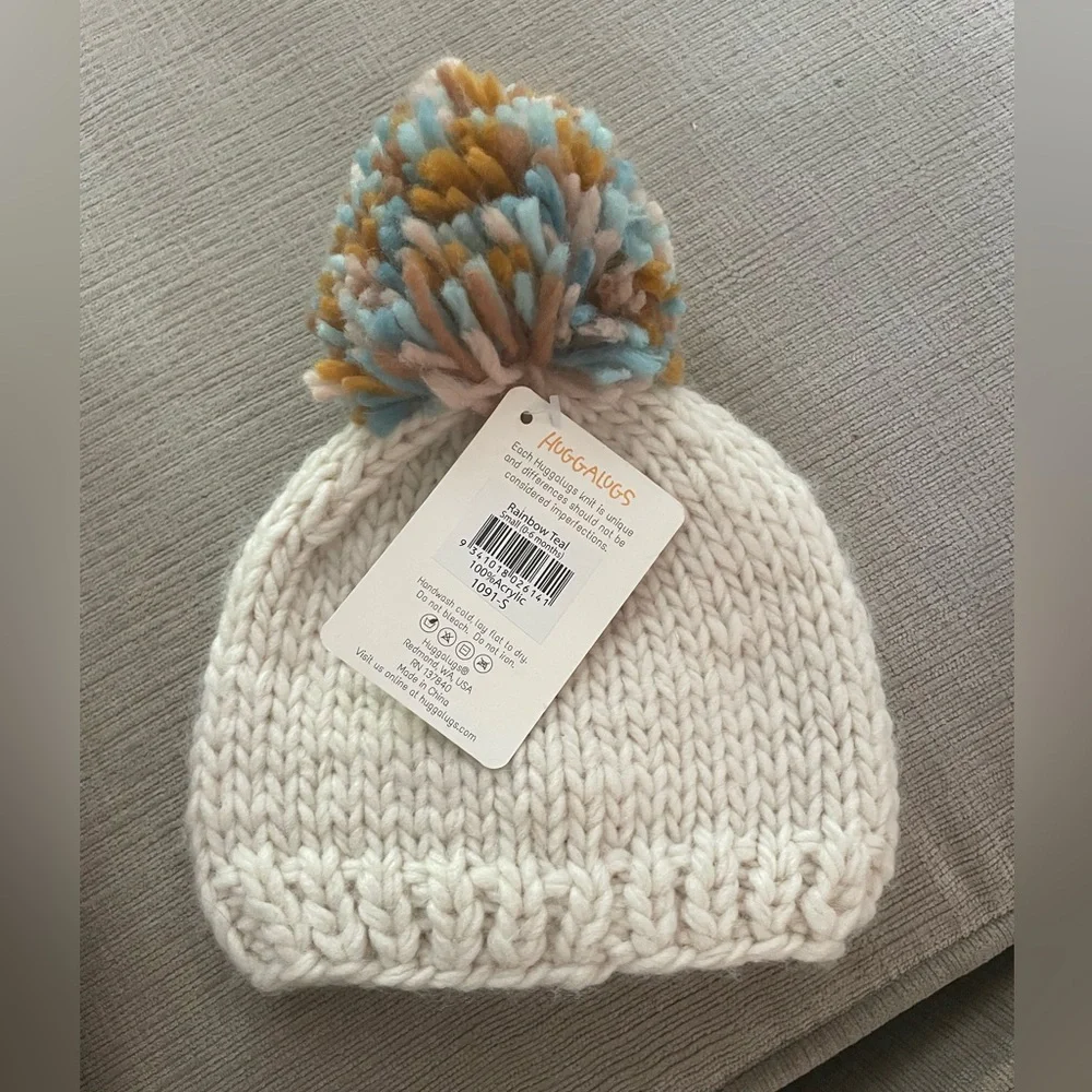 Huggalugs Teal Rainbow Knit Pom Hat - Size 0-6 Months - NWT